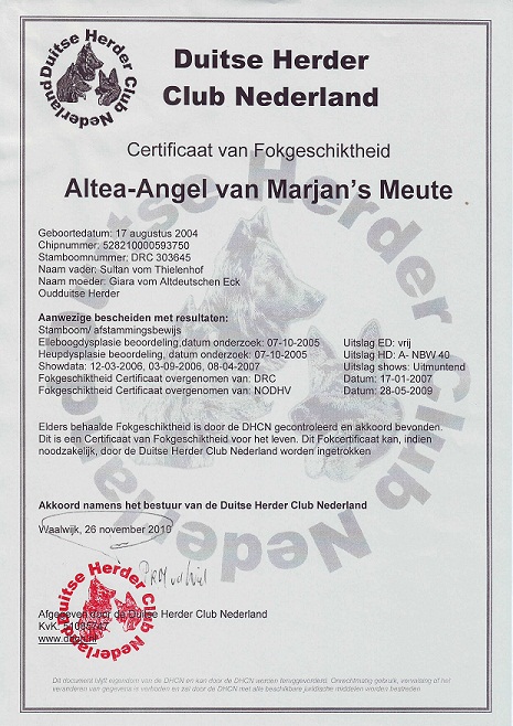 DHCN Certificaat van Fokgeschiktheid via de Duitse Herder Club Nederland